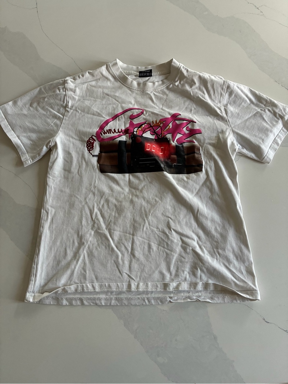 White Graphic Crewneck T-Shirt with Pink and Brown Print